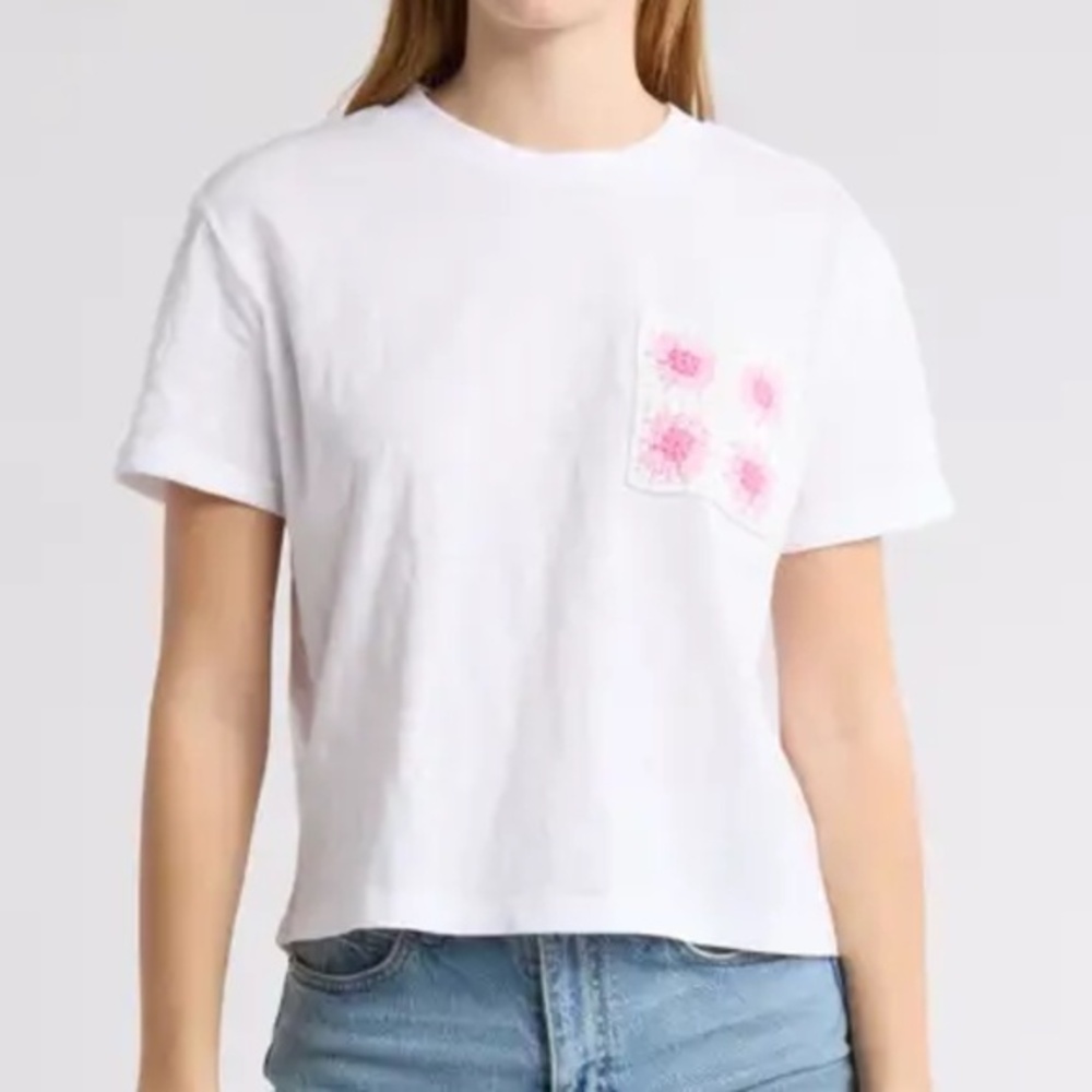 Design History Pink Crochet Pocket Cotton Crew Neck Short Sleeve T-Shirt